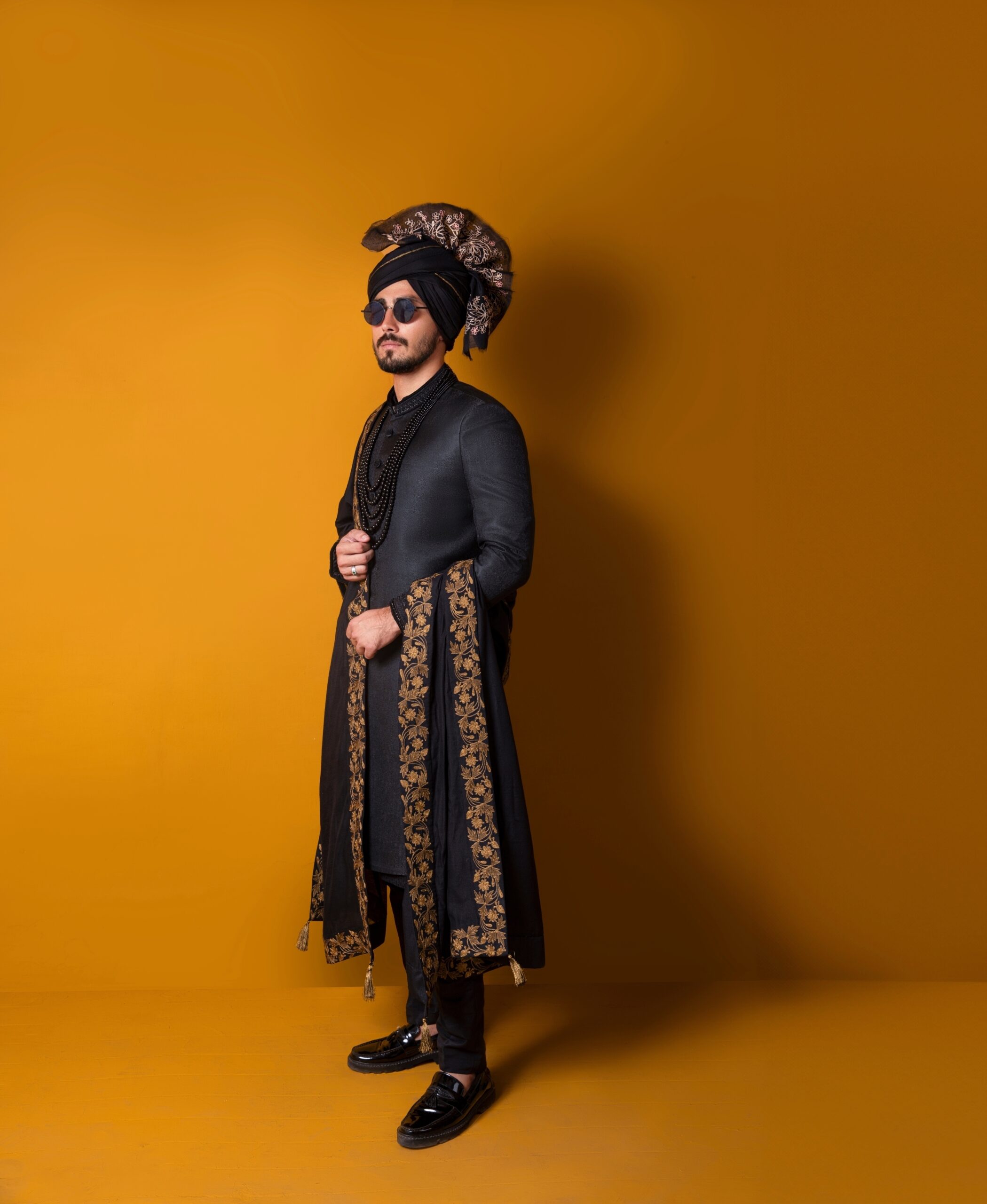 Black Gold Embroidered Silk Groom Sherwani (3-Piece) - Image 1