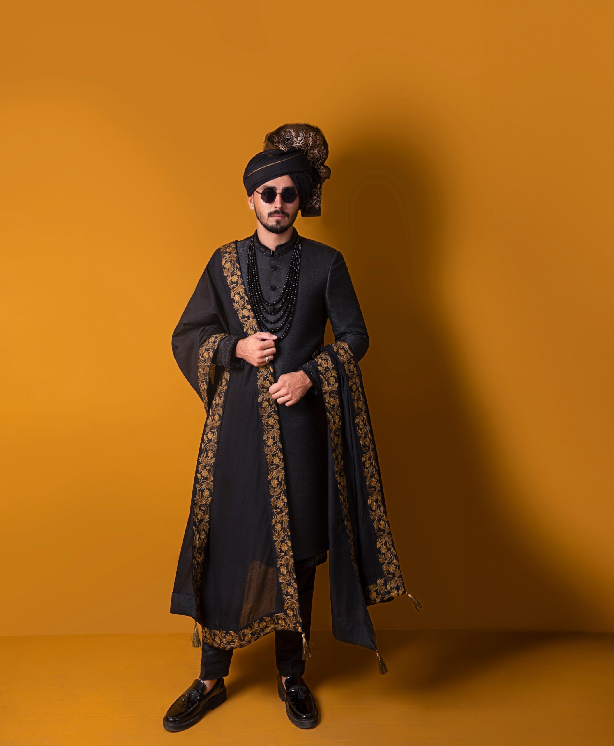 Black Gold Embroidered Silk Groom Sherwani (3-Piece) - Image 2