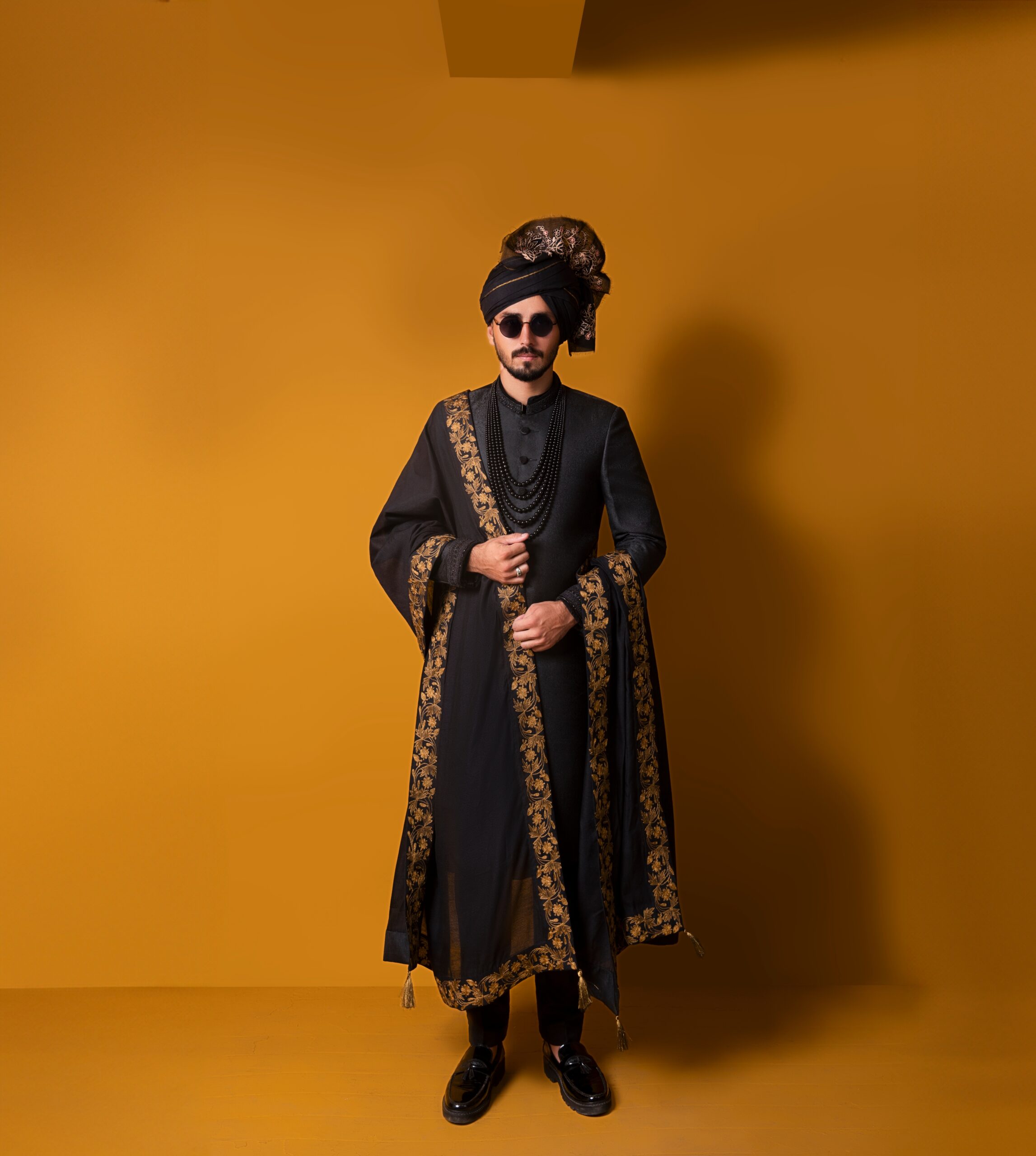 Black Gold Embroidered Silk Groom Sherwani (3-Piece) - Image 3