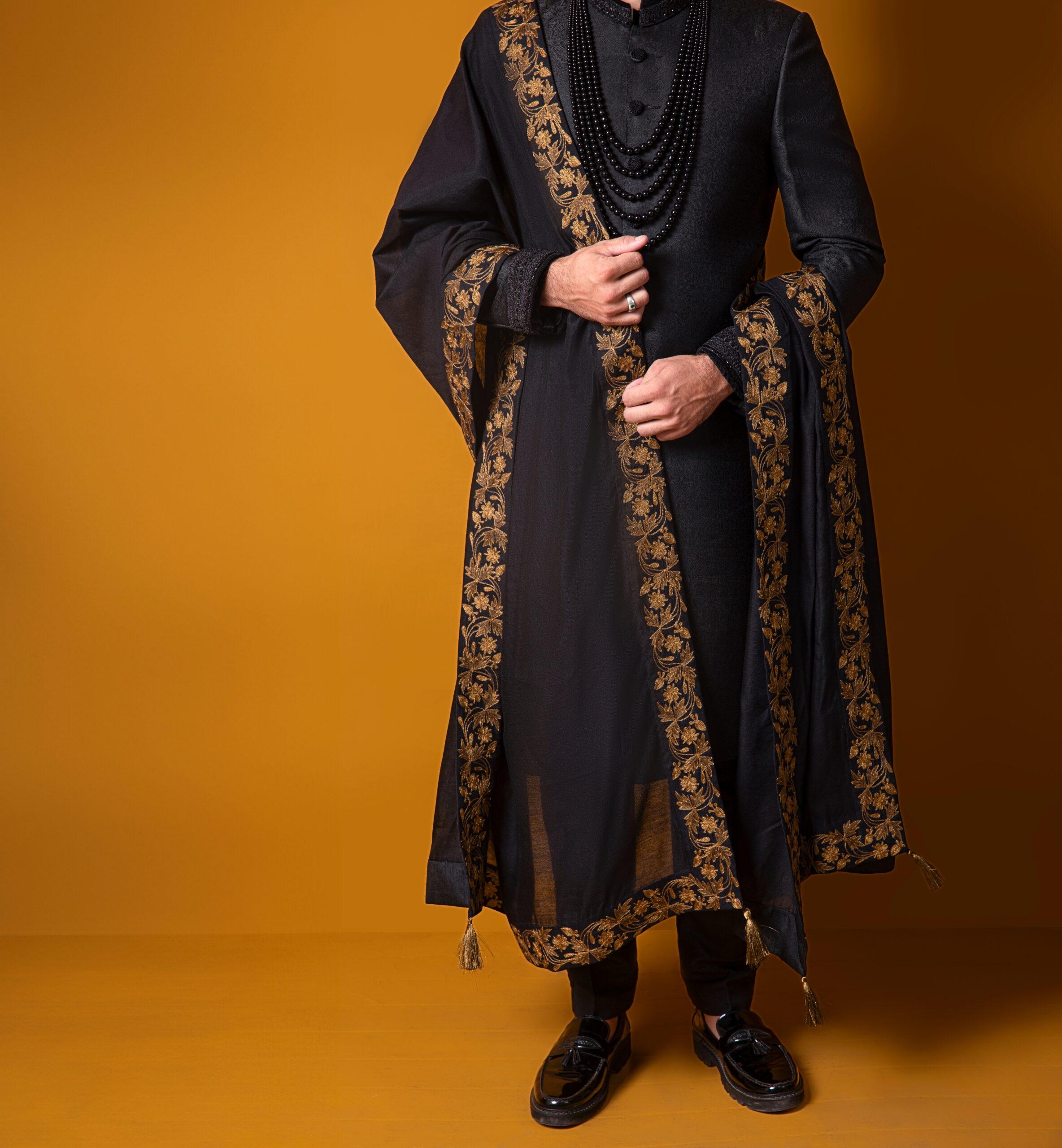 Black Gold Embroidered Silk Groom Sherwani (3-Piece) - Image 4
