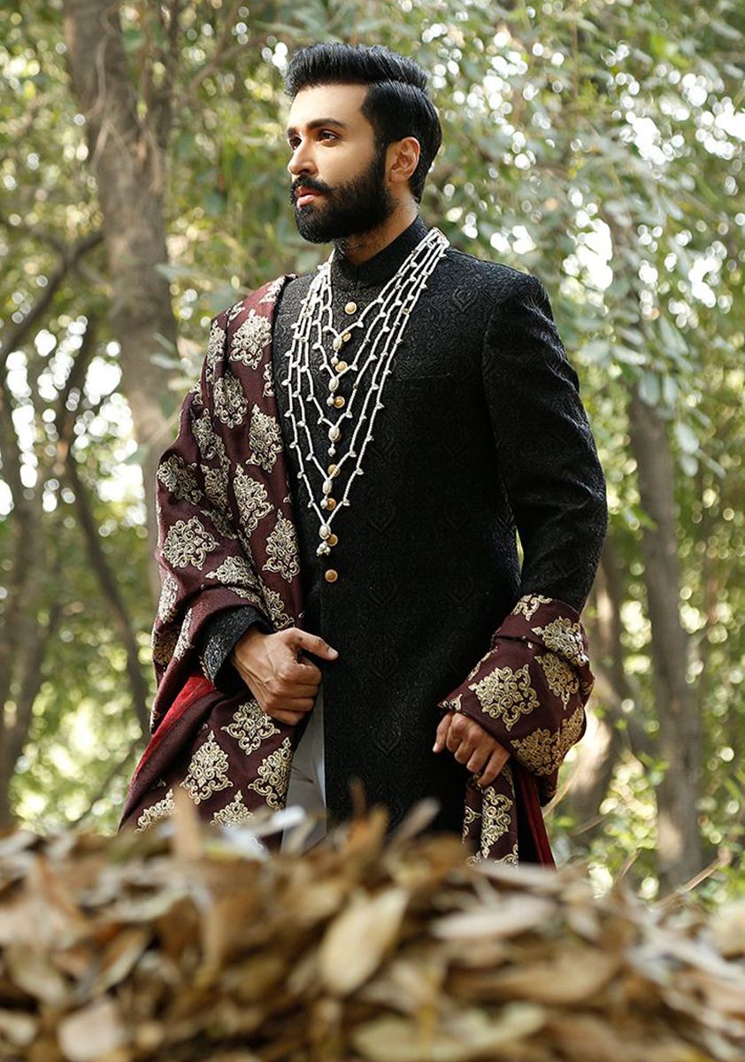 Black Embroidered Silk Sherwani (3-Piece) - Image 2