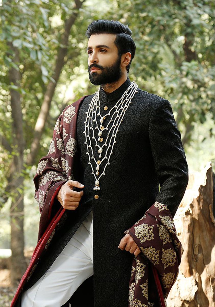 Black Embroidered Silk Sherwani (3-Piece) - Image 3