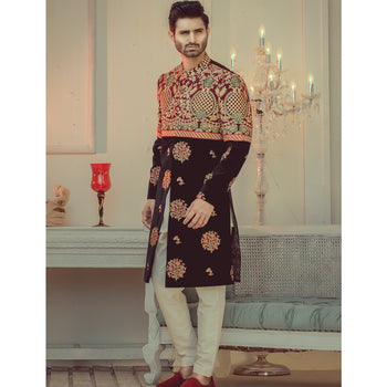Black Hand Embroidered Silk Groom Sherwani (2-Piece) - Image 1