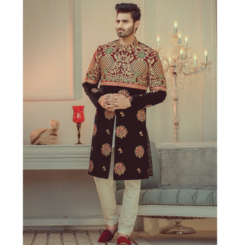 Black Hand Embroidered Silk Groom Sherwani (2-Piece) - Image 2