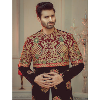 Black Hand Embroidered Silk Groom Sherwani (2-Piece) - Image 3