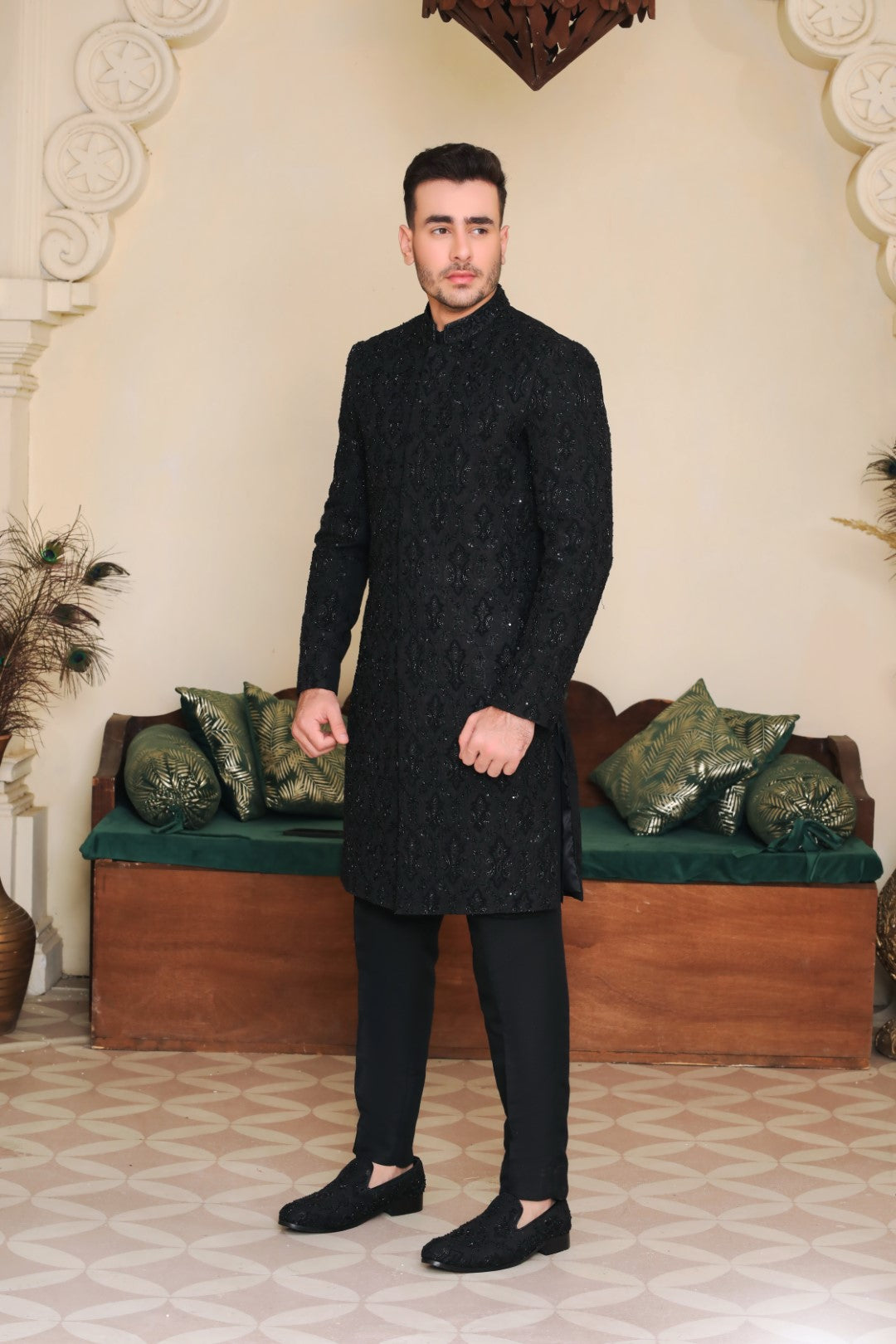 Black Ada & Kora Dabka Silk Sherwani (3-Piece) - Image 1