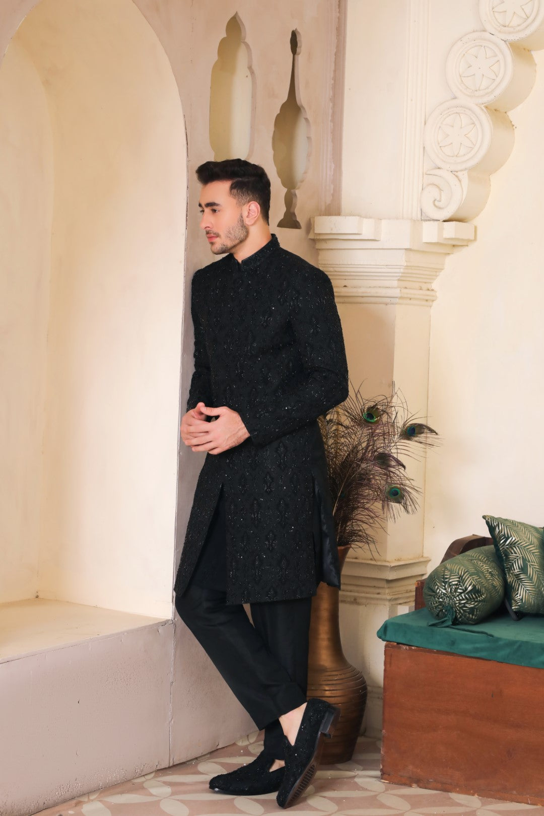 Black Ada & Kora Dabka Silk Sherwani (3-Piece) - Image 2