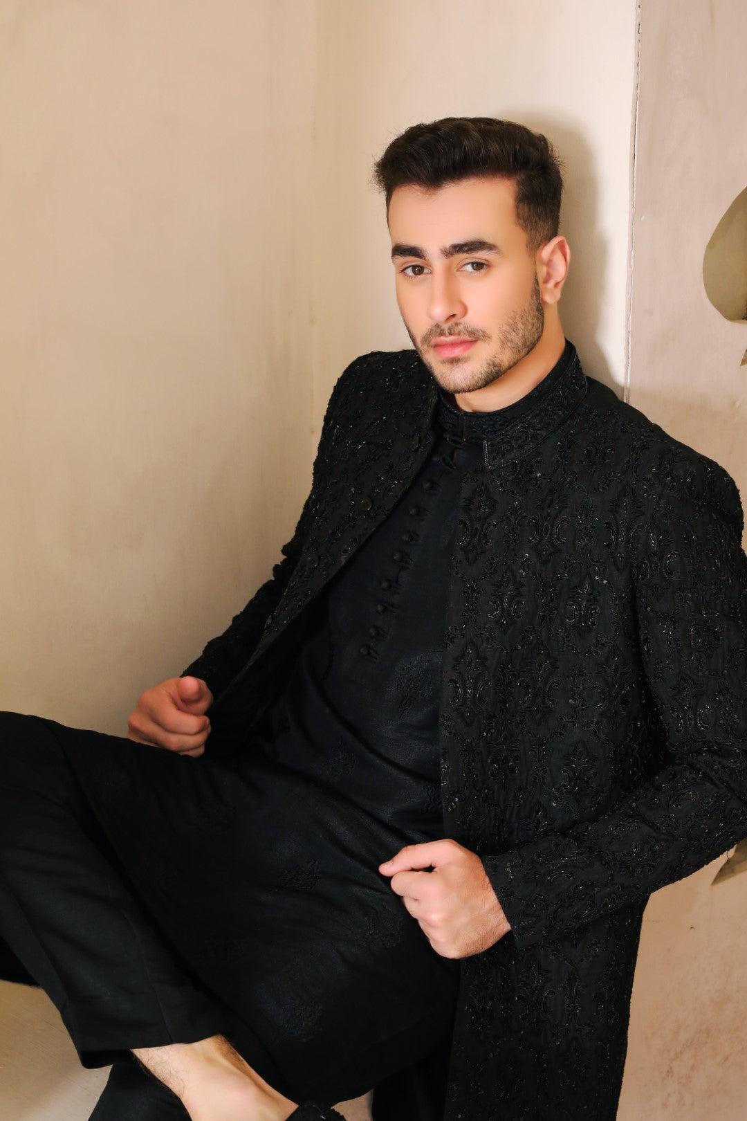 Black Ada & Kora Dabka Silk Sherwani (3-Piece) - Image 3