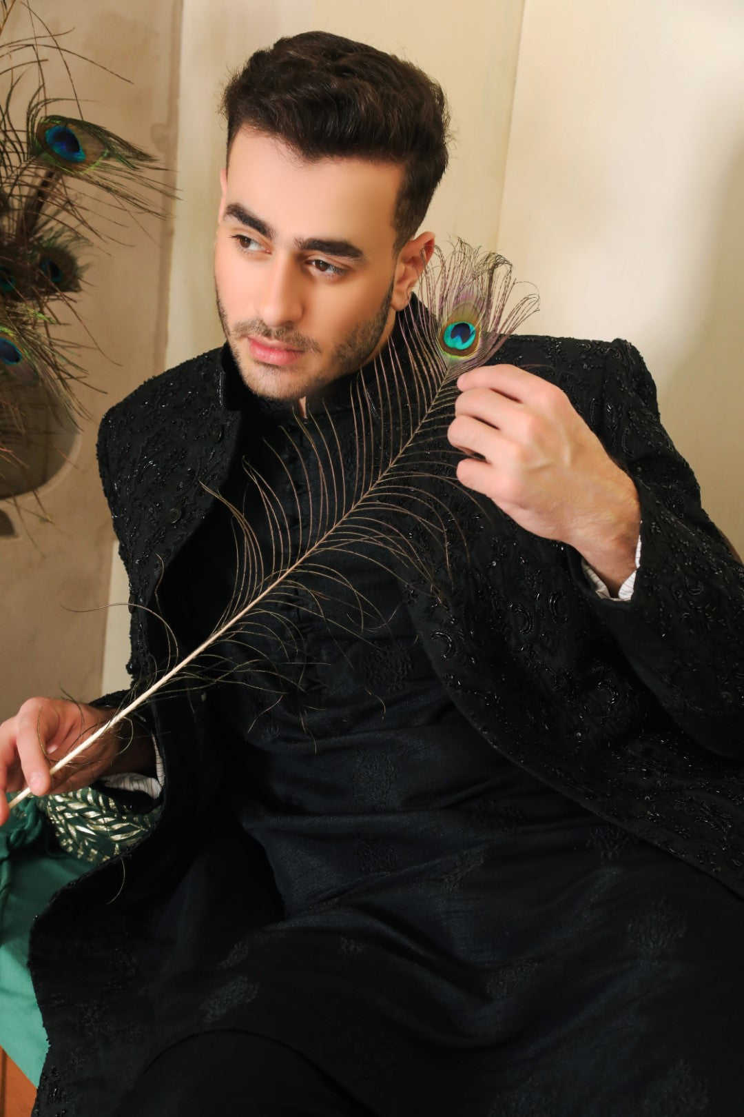 Black Ada & Kora Dabka Silk Sherwani (3-Piece) - Image 4