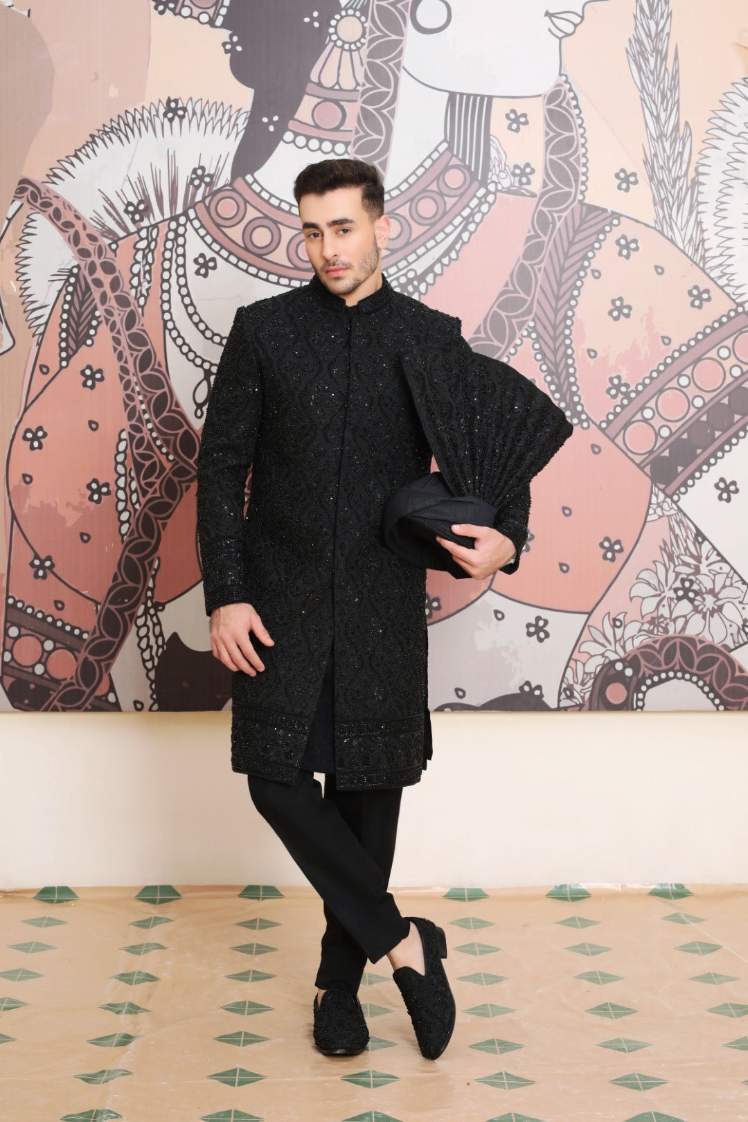 Black Ada & Kora Dabka Silk Sherwani (3-Piece) - Image 1