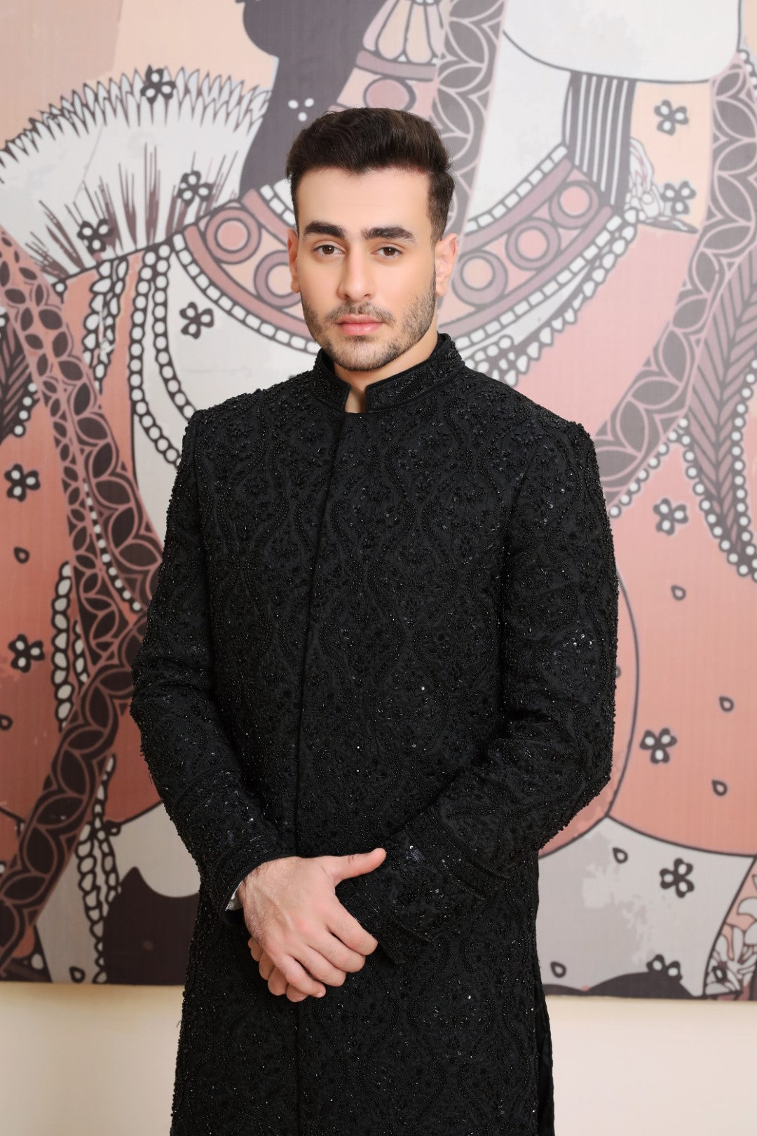 Black Ada & Kora Dabka Silk Sherwani (3-Piece) - Image 3