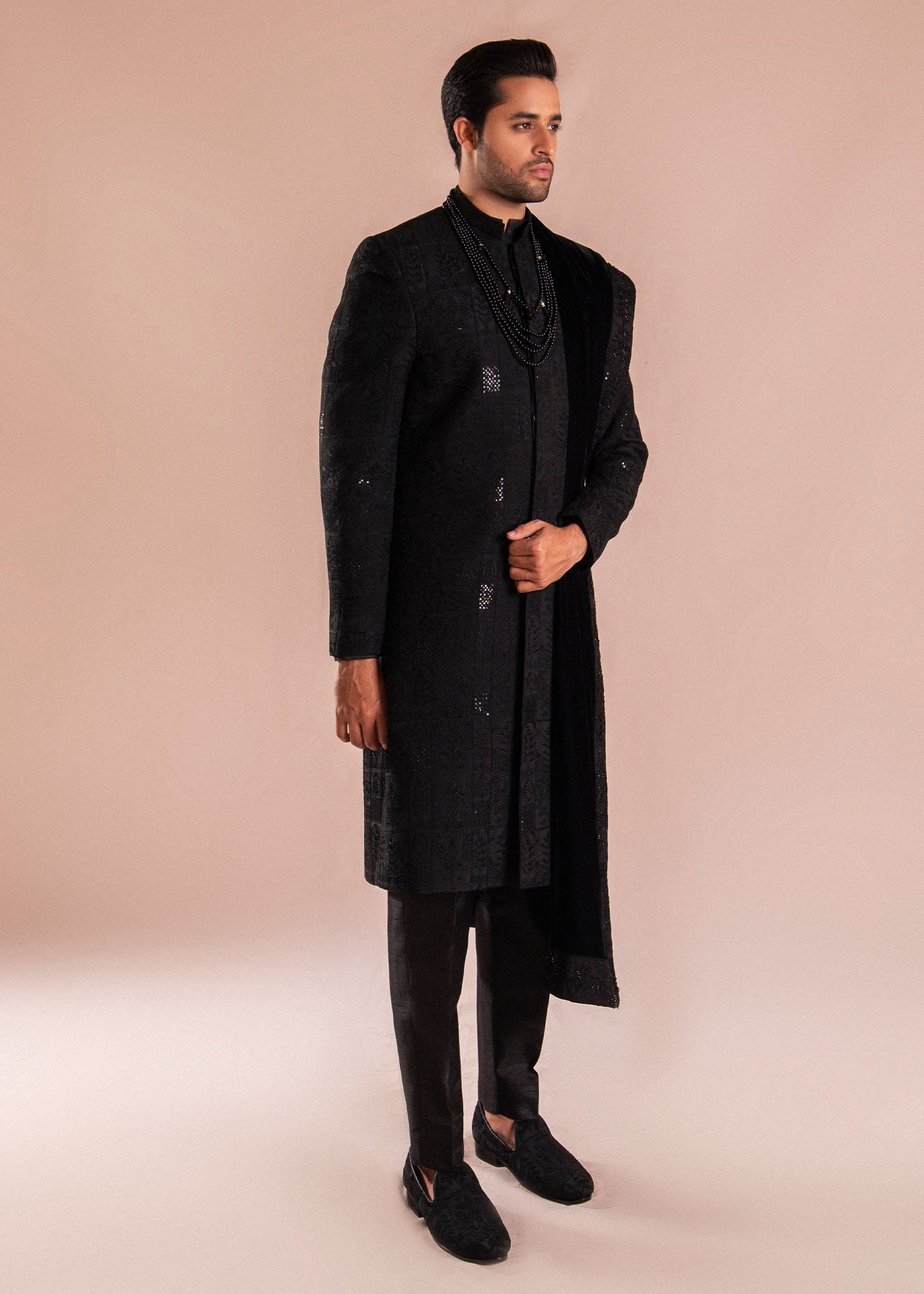 Black Hand Sitara Embroidered Silk Sherwani (3-Piece) - Image 1