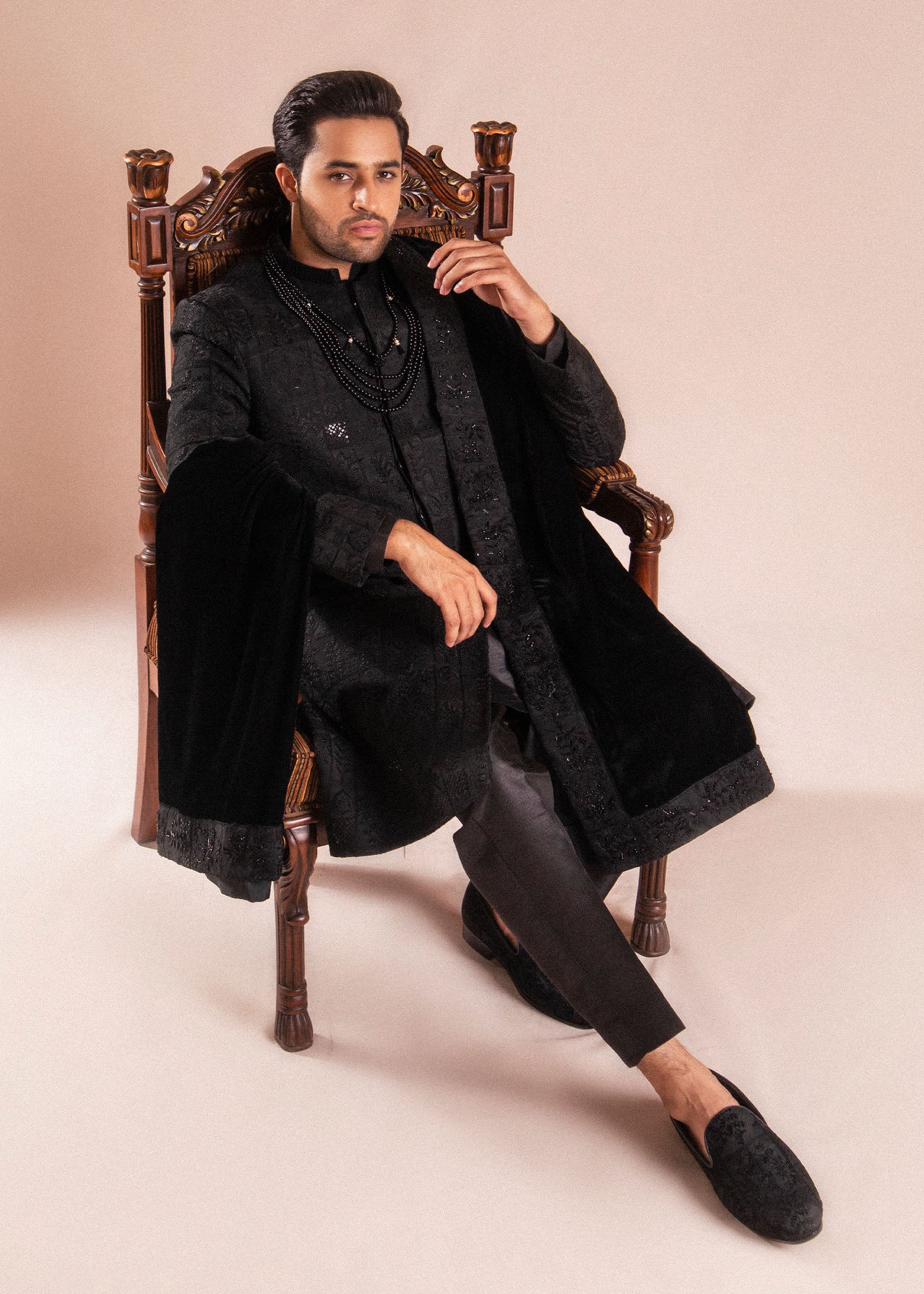 Black Hand Sitara Embroidered Silk Sherwani (3-Piece) - Image 2