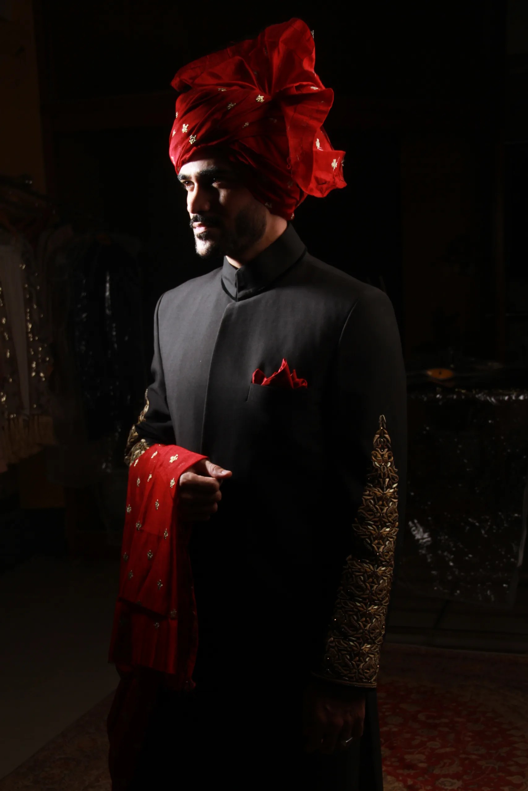 Black Gold Embroidered Sherwani (3-Piece) - Image 1