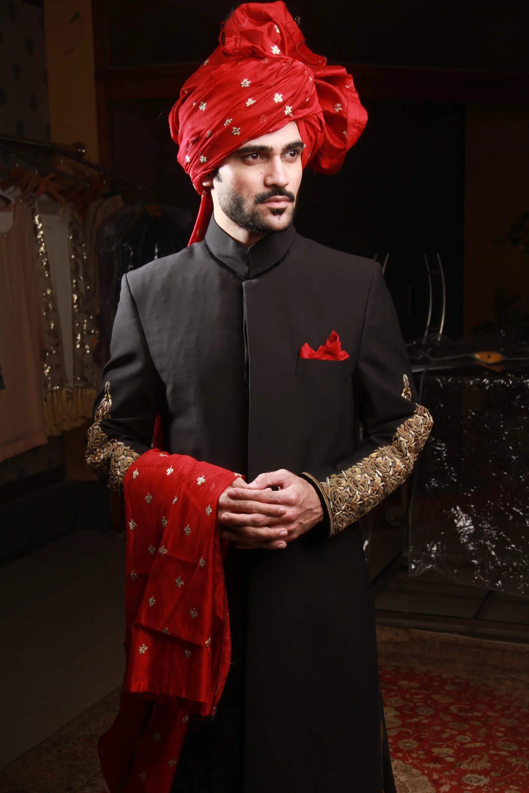 Black Gold Embroidered Sherwani (3-Piece) - Image 2