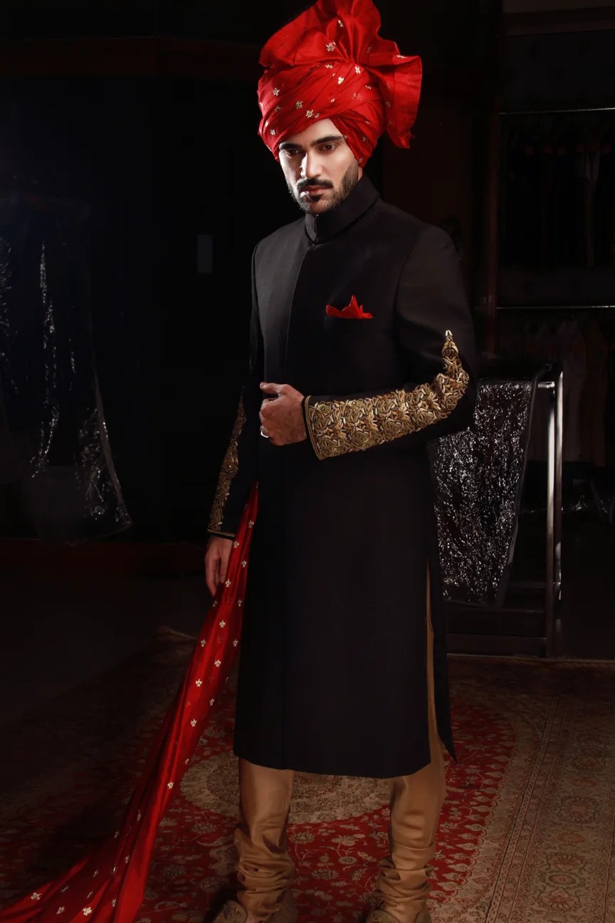 Black Gold Embroidered Sherwani (3-Piece) - Image 3