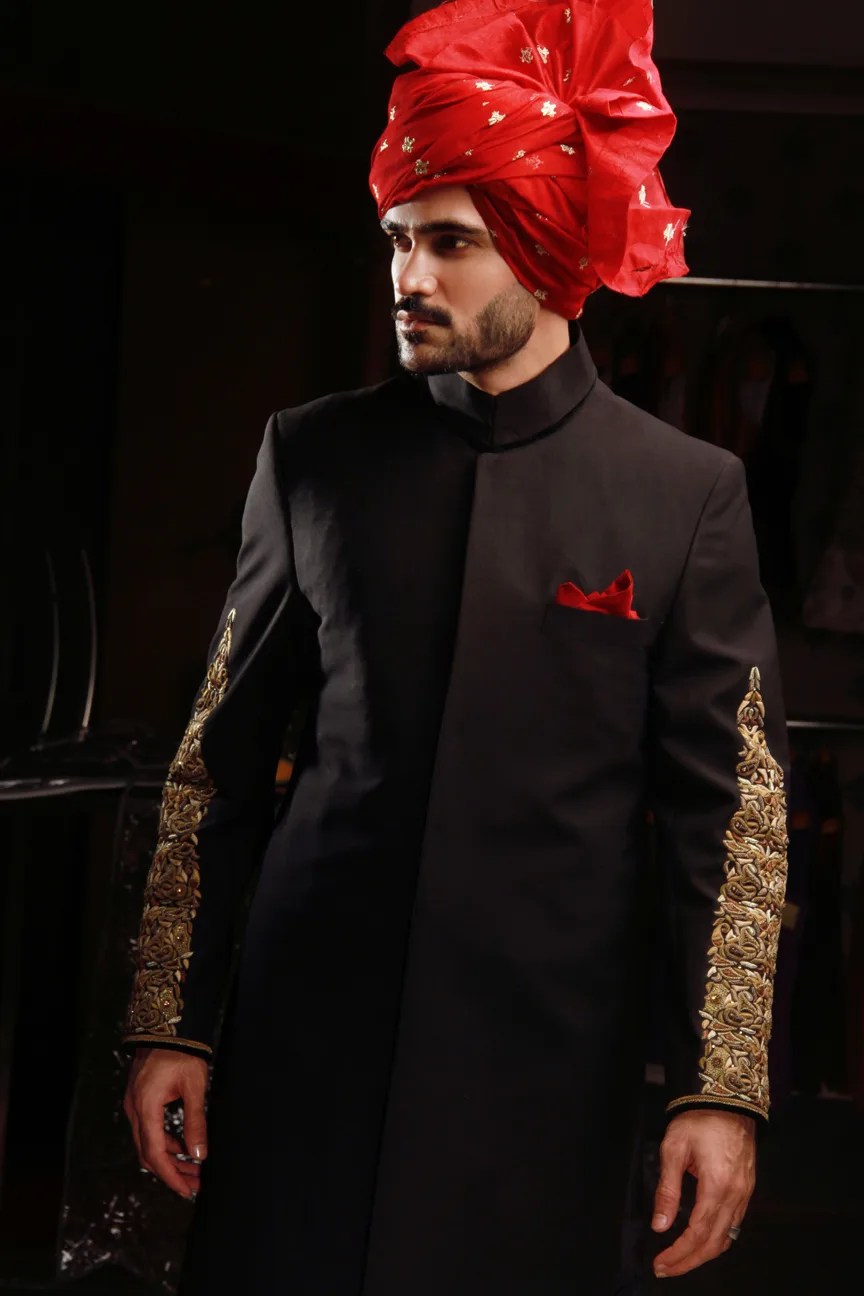 Black Gold Embroidered Sherwani (3-Piece) - Image 4
