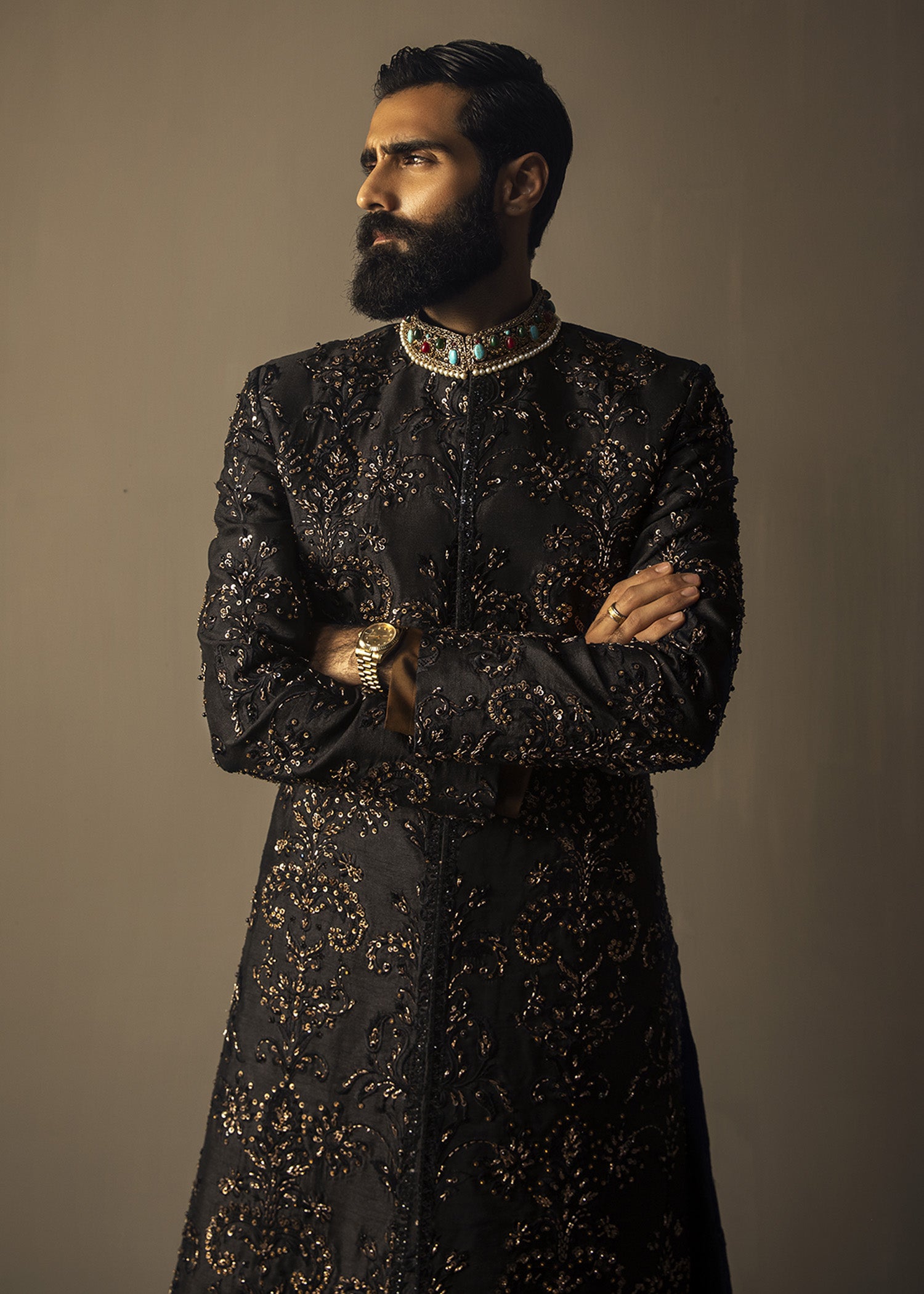 Black Zardozi Indian Silk Sherwani (3-Piece) - Image 2