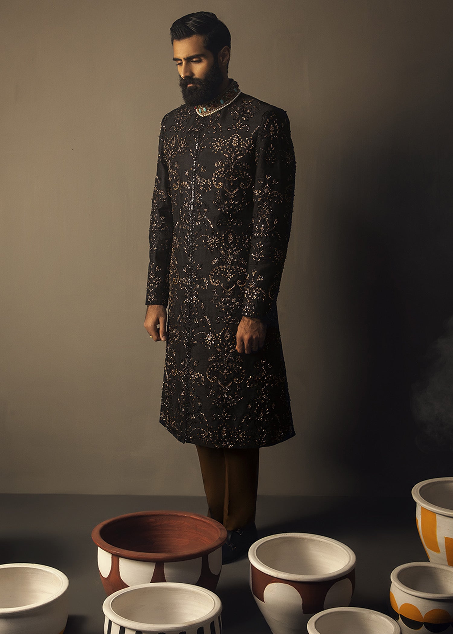 Black Zardozi Indian Silk Sherwani (3-Piece) - Image 3