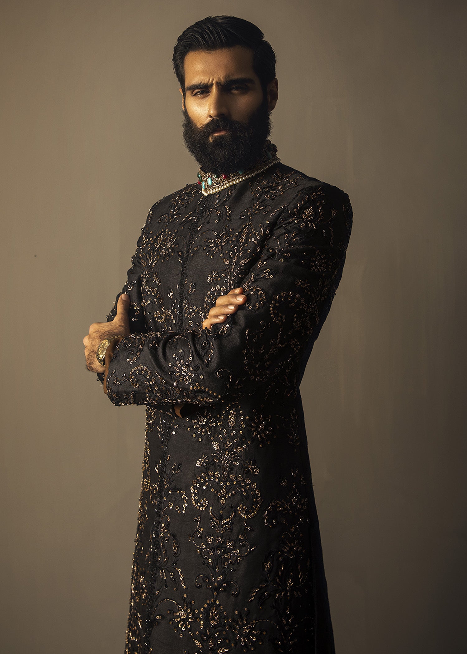 Black Zardozi Indian Silk Sherwani (3-Piece) - Image 4