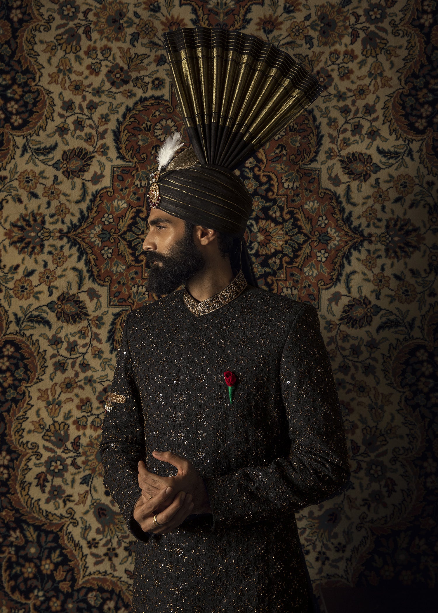 Black Zardozi Indian Silk Sherwani (3-Piece) - Image 5