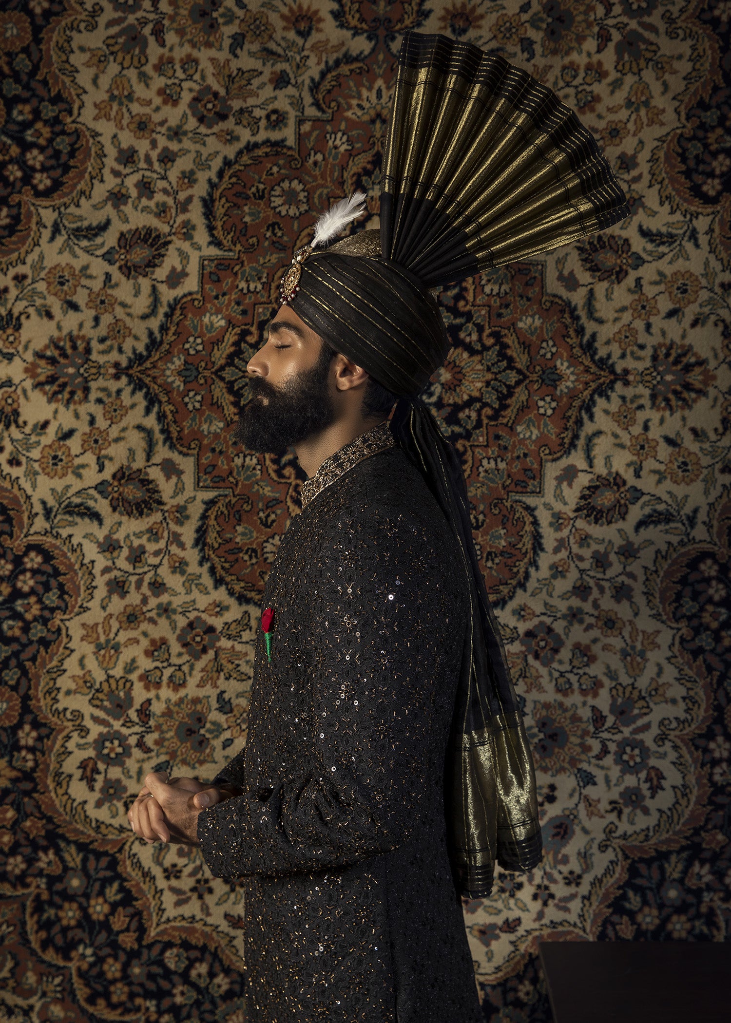 Black Zardozi Indian Silk Sherwani (3-Piece) - Image 7