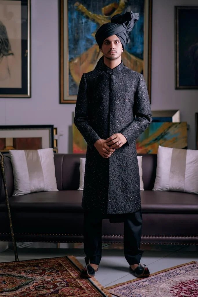 Black Textured Sherwani with Subtle Embellishment (2-Piece) - Image 1
