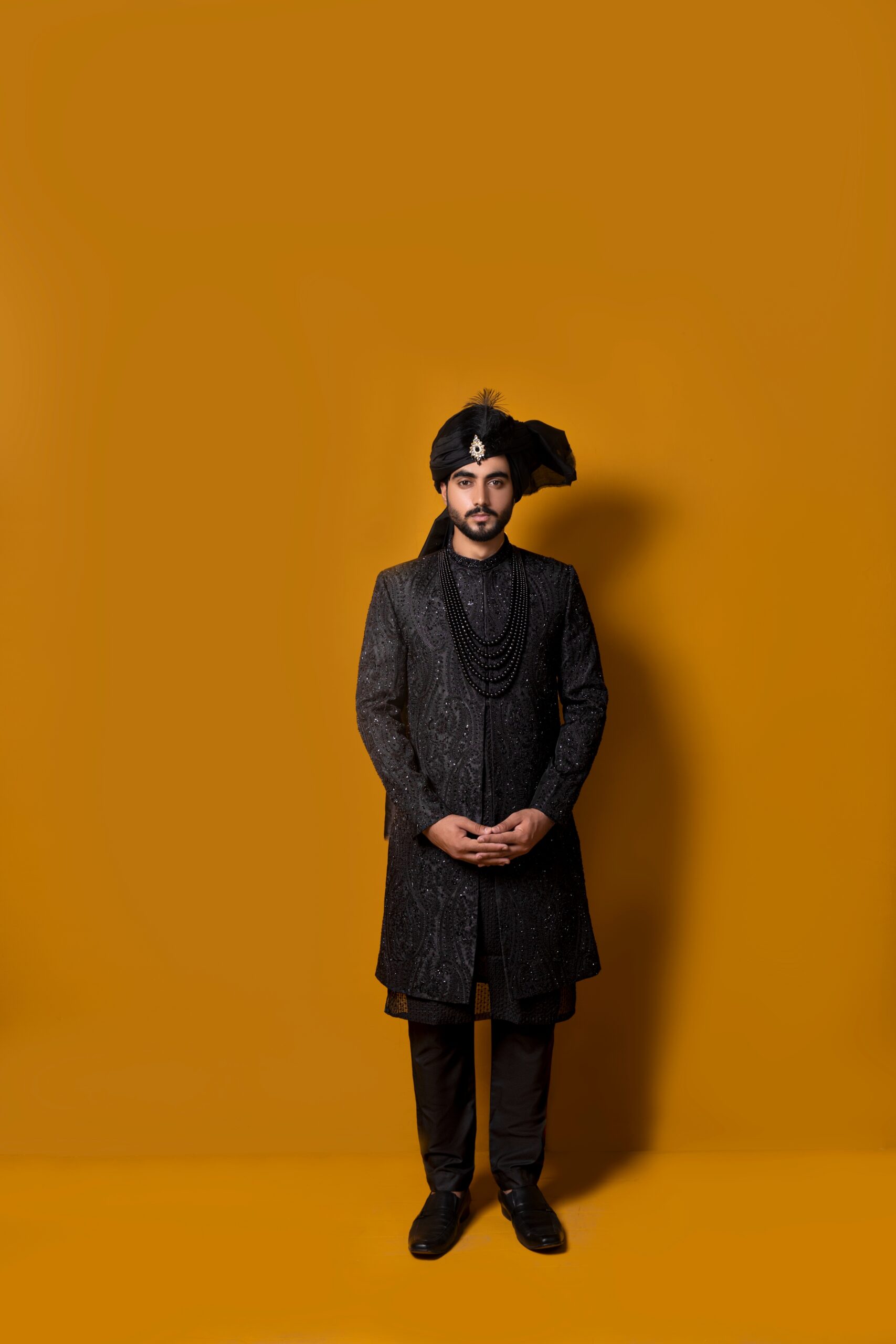 Black Chikankari Embroidered Sherwani (2-Piece) - Image 2