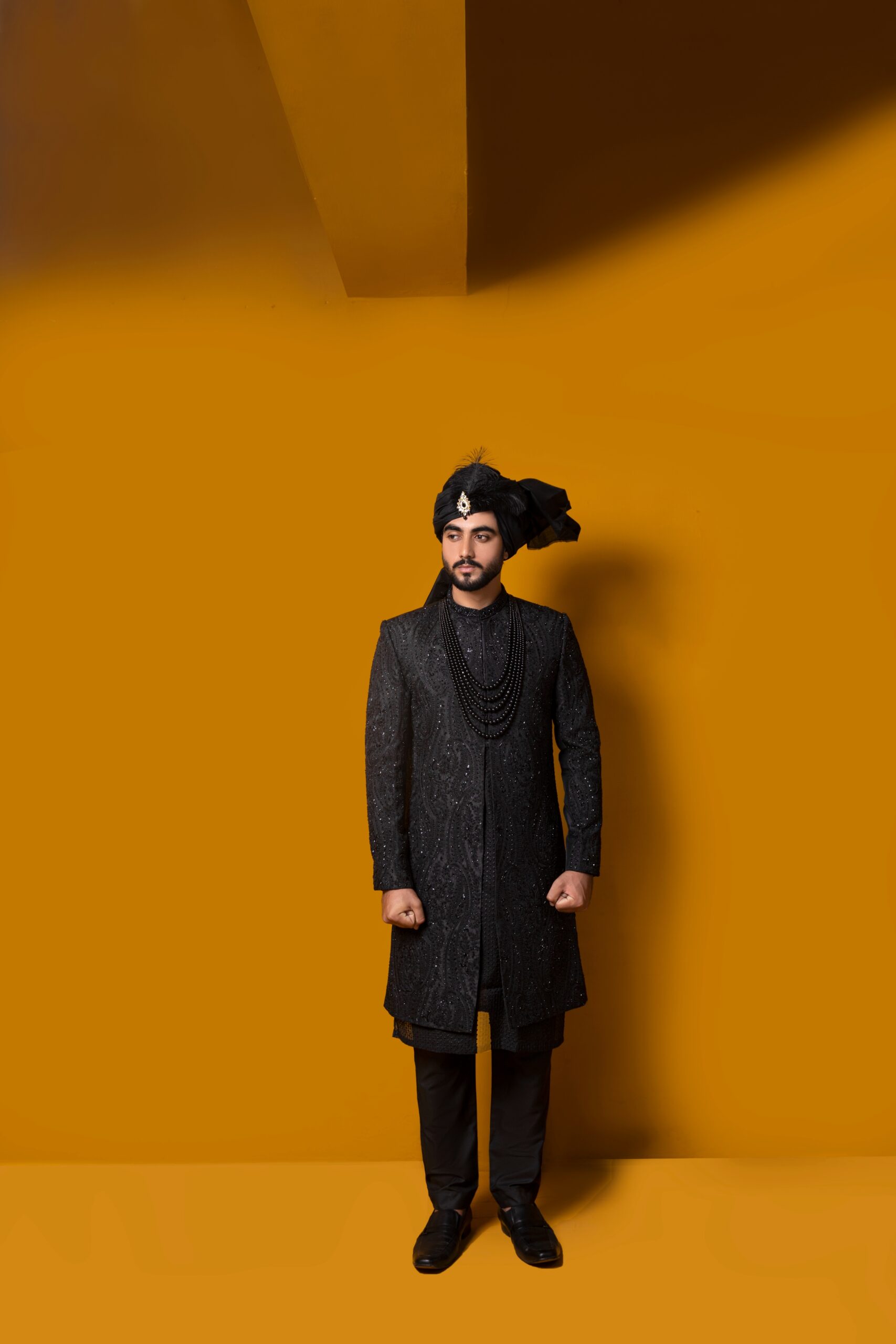 Black Chikankari Embroidered Sherwani (2-Piece) - Image 3