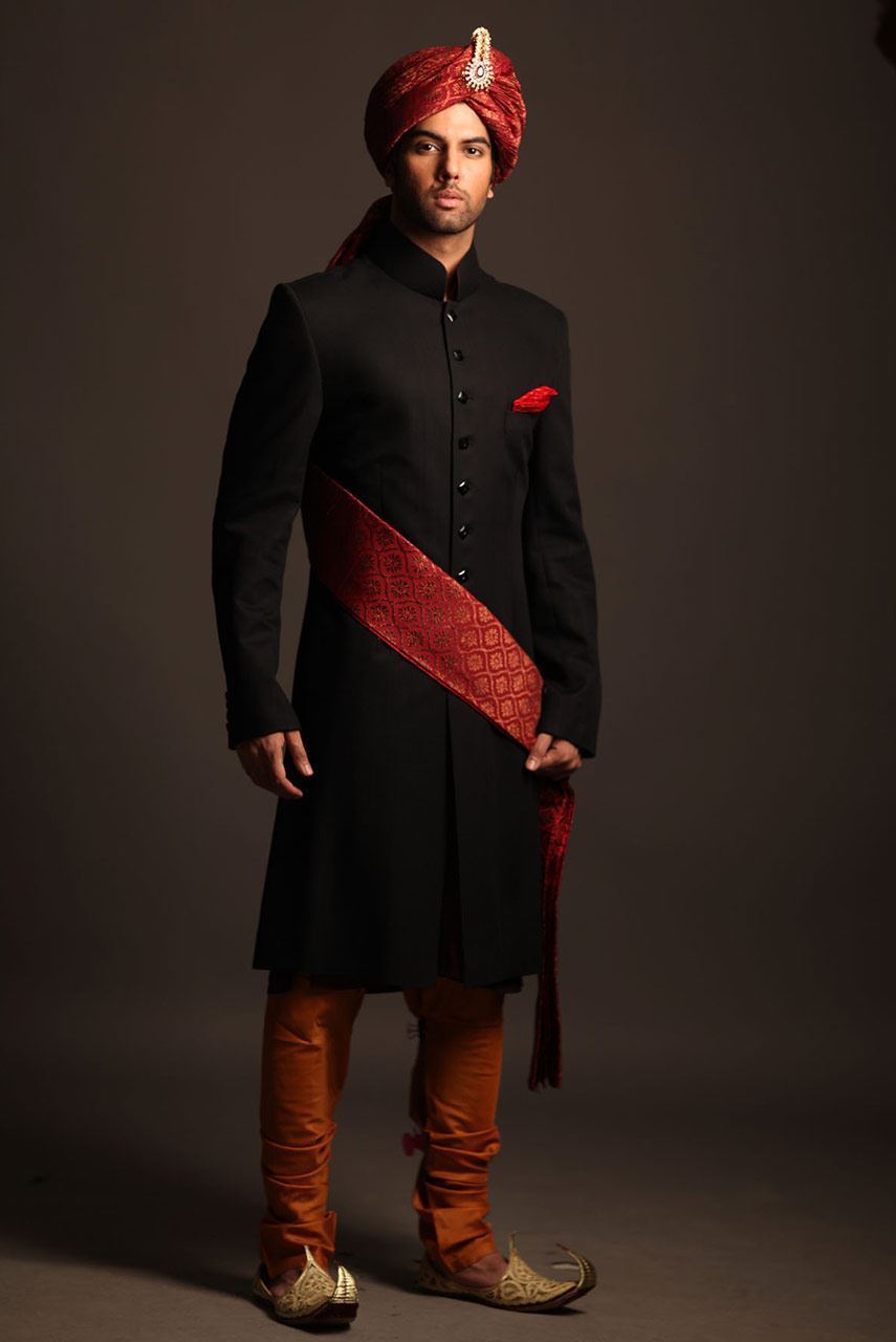 Black Brocade Suiting Groom Sherwani (3-Piece) - Image 1