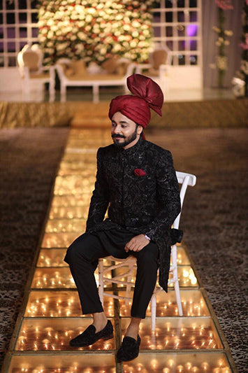 Black Embroidered Premium Fabric Sherwani (2-Piece) - Image 1