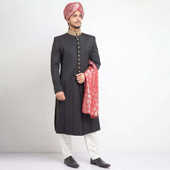 Jet Black Zardozi Embroidered 130's Suiting Sherwani (4-Piece) - Image 2