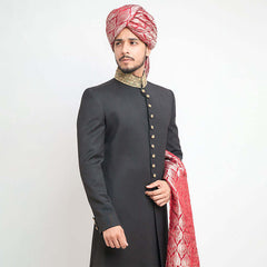 Jet Black Zardozi Embroidered 130's Suiting Sherwani (4-Piece) - Image 4