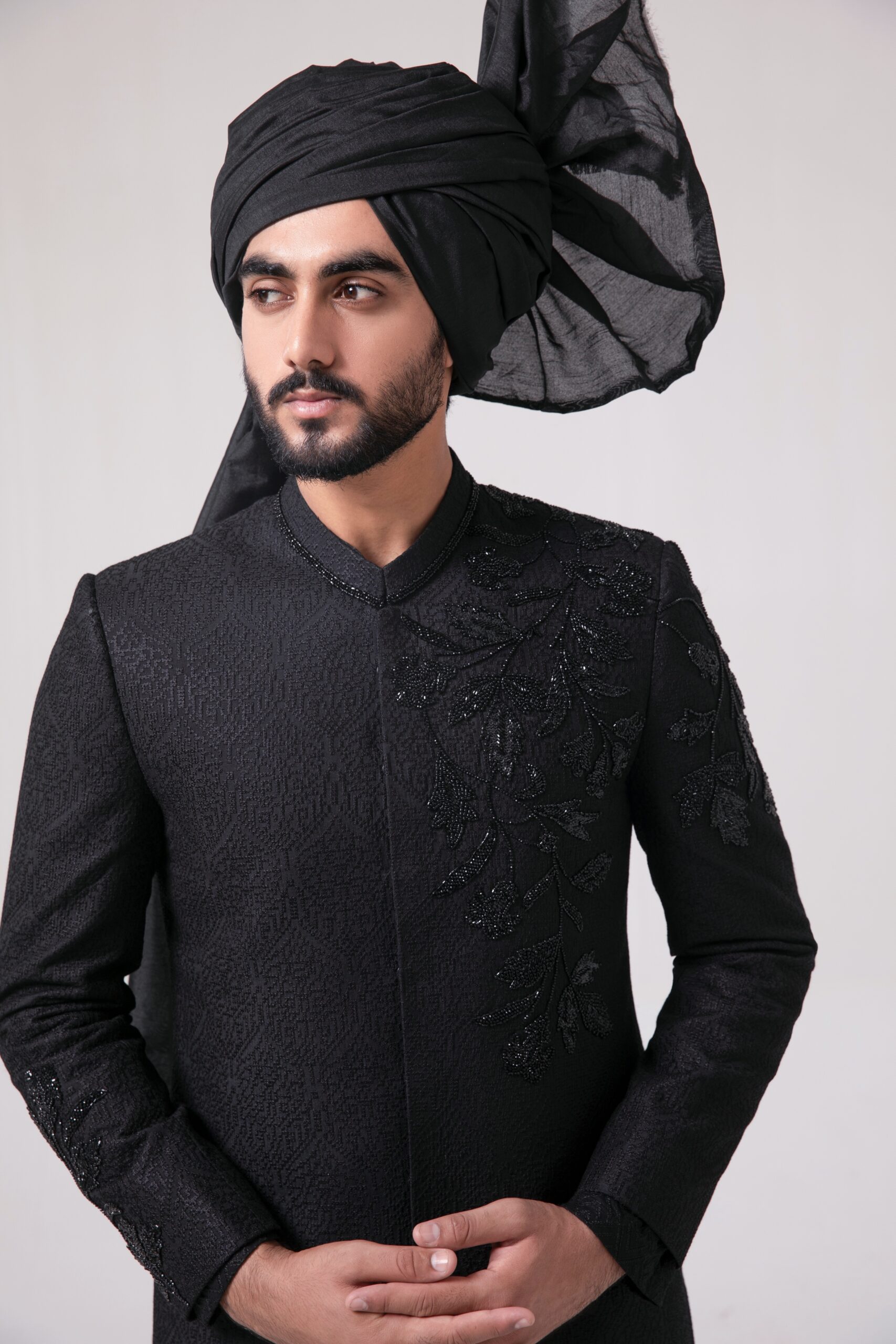 Black Embroidered Textured Sherwani (2-Piece) - Image 1