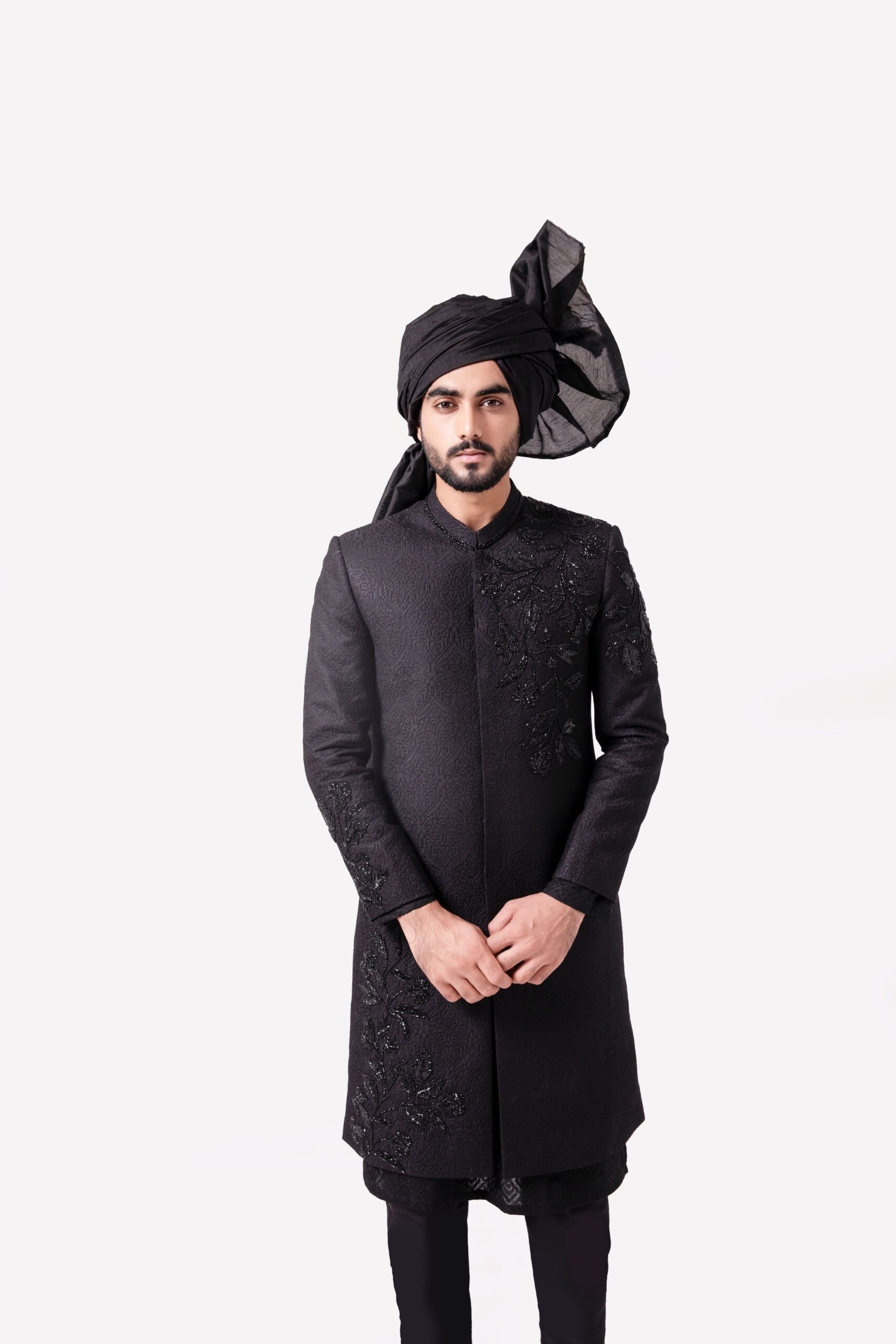 Black Embroidered Textured Sherwani (2-Piece) - Image 2