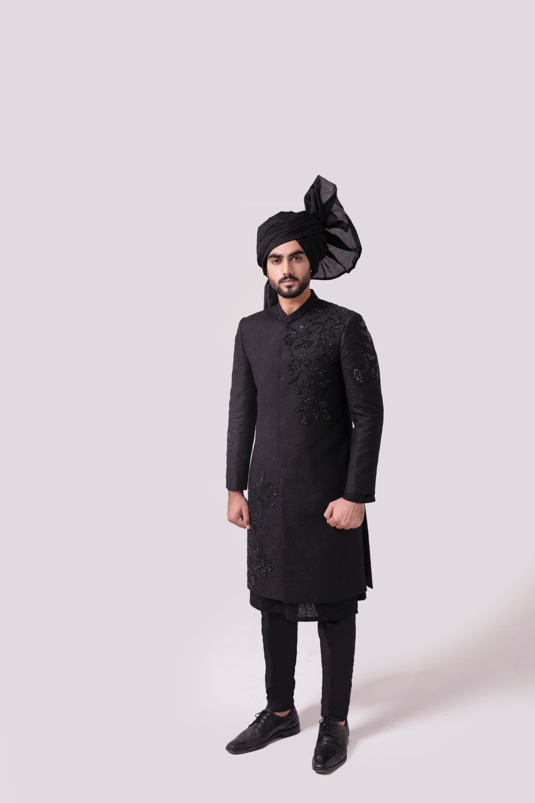 Black Embroidered Textured Sherwani (2-Piece) - Image 4