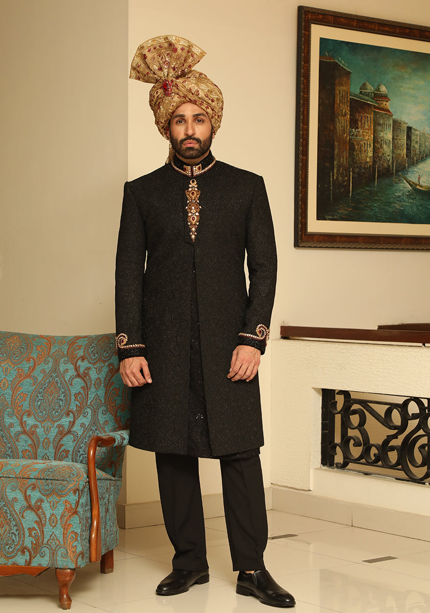 Black Tilla Textured Sherwani with Hand Embellished Details (3-Piece) - Image 1