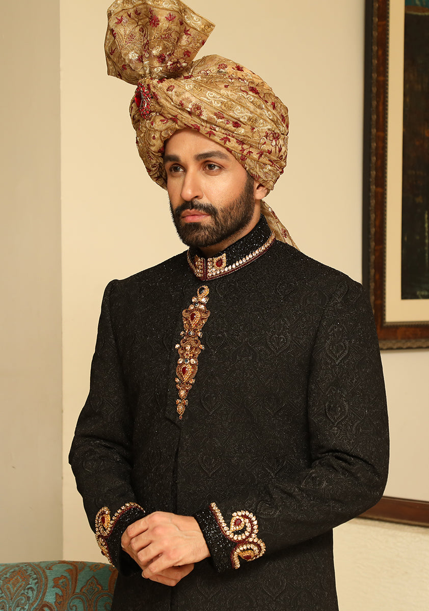 Black Tilla Textured Sherwani with Hand Embellished Details (3-Piece) - Image 3