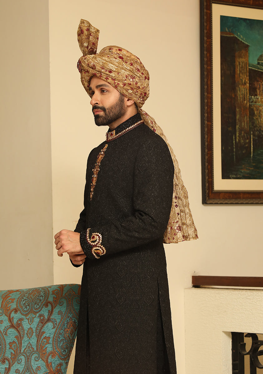 Black Tilla Textured Sherwani with Hand Embellished Details (3-Piece) - Image 5