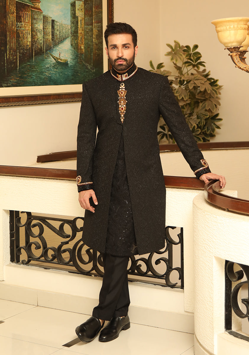 Black Tilla Textured Sherwani with Hand Embellished Details (3-Piece) - Image 6