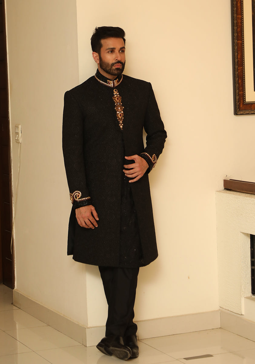 Black Tilla Textured Sherwani with Hand Embellished Details (3-Piece) - Image 7