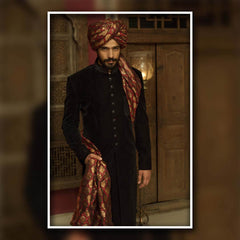 Black Velvet Groom Sherwani with Brocade Accents (3-Piece) - Image 2