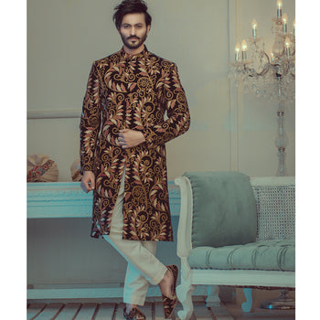 Black Velvet Gold Embroidered Sherwani (2-Piece) - Image 1