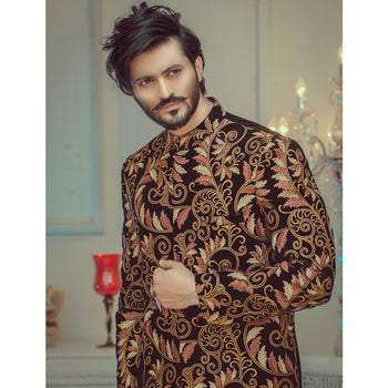 Black Velvet Gold Embroidered Sherwani (2-Piece) - Image 2