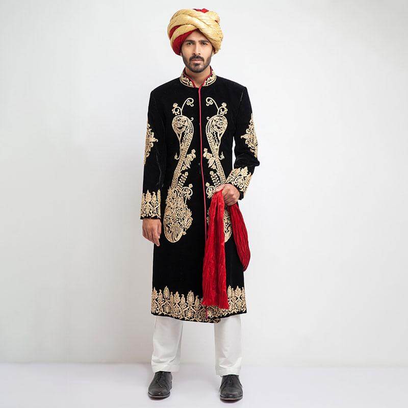 Jet Black Velvet Sherwani with Gold Anchor Threadwork (4-Piece) - Image 1