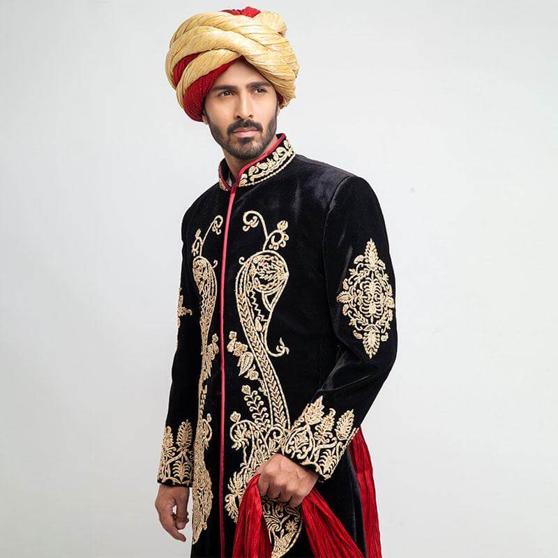 Jet Black Velvet Sherwani with Gold Anchor Threadwork (4-Piece) - Image 2
