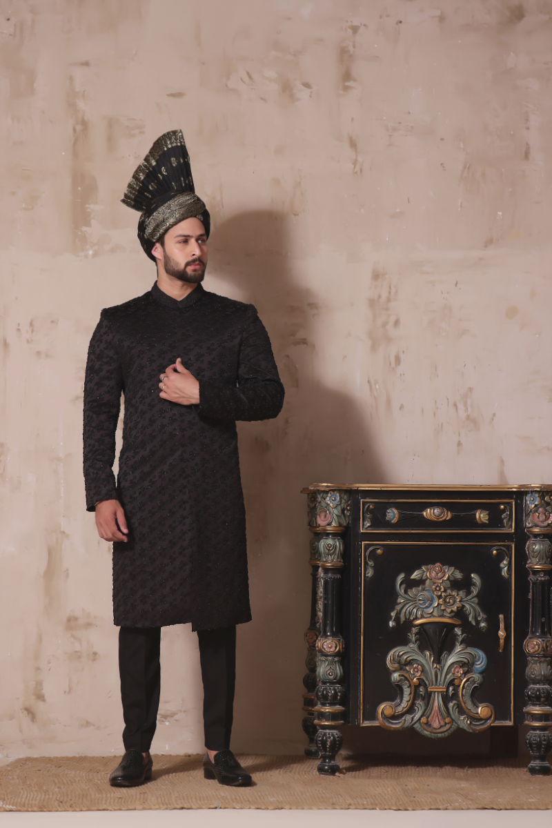 Black Hand Embroidered Velvet-Lined Sherwani (2-Piece) - Image 1