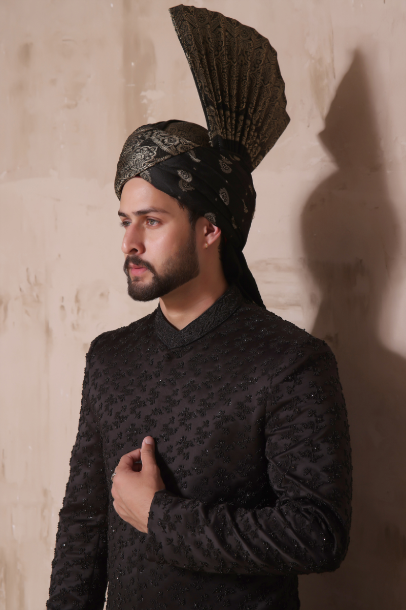 Black Hand Embroidered Velvet-Lined Sherwani (2-Piece) - Image 2