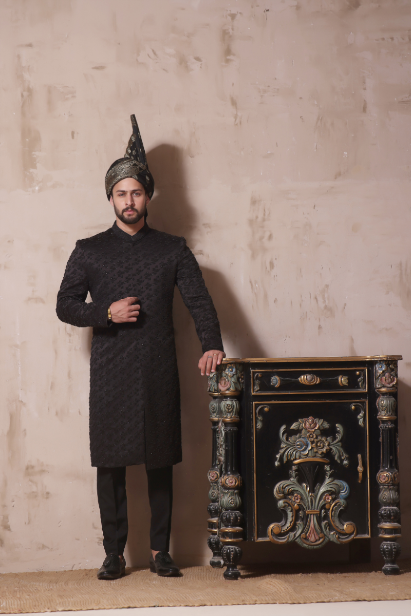 Black Hand Embroidered Velvet-Lined Sherwani (2-Piece) - Image 3