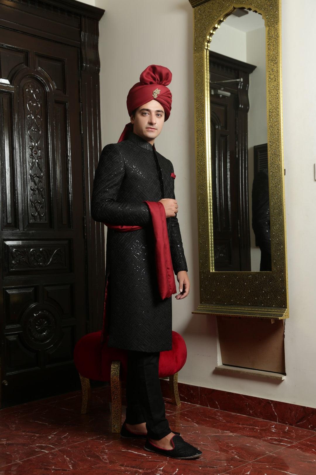 Black Hand Embroidered Velvet Sherwani (3-Piece) - Image 1